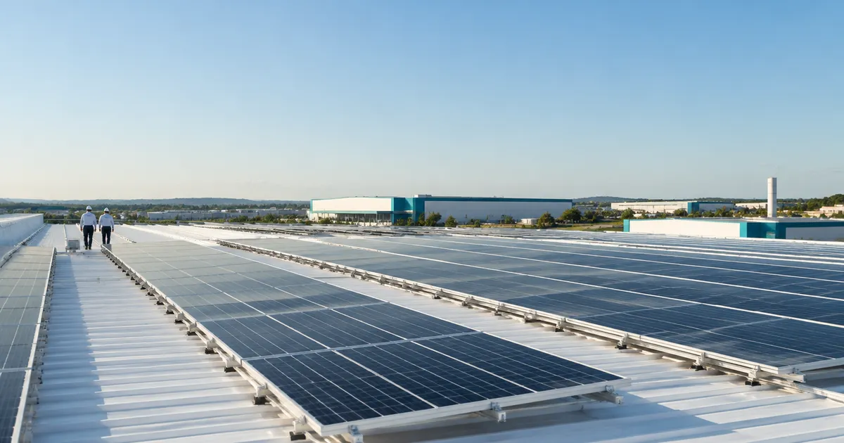 Telhado industrial com fileiras de painéis solares fotovoltaicos ao fim da tarde, com dois técnicos de capacete ao longe.